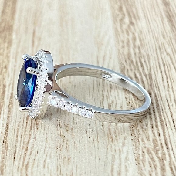Oval Simulated Sapphire Halo Ring - 925 Sterling Silver - Picture 2 of 5